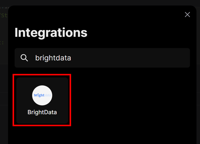 Sélection de l'intégration BrightData