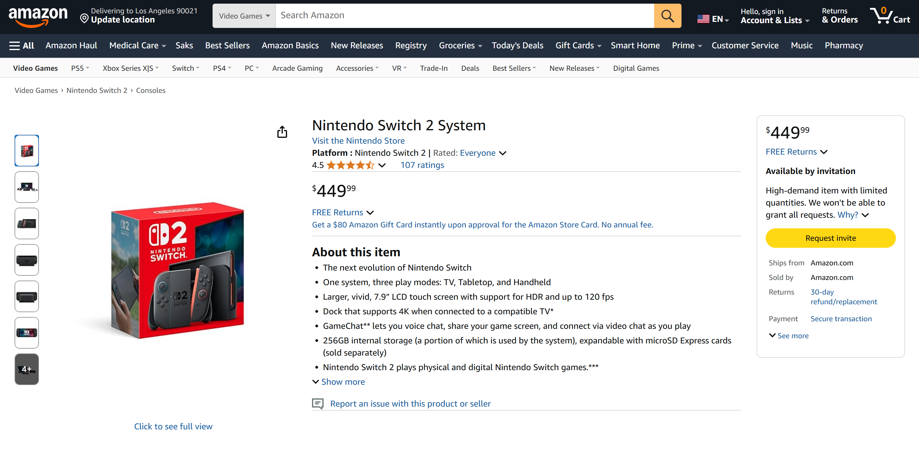 La page cible de la Nintendo Switch 2 sur Amazon
