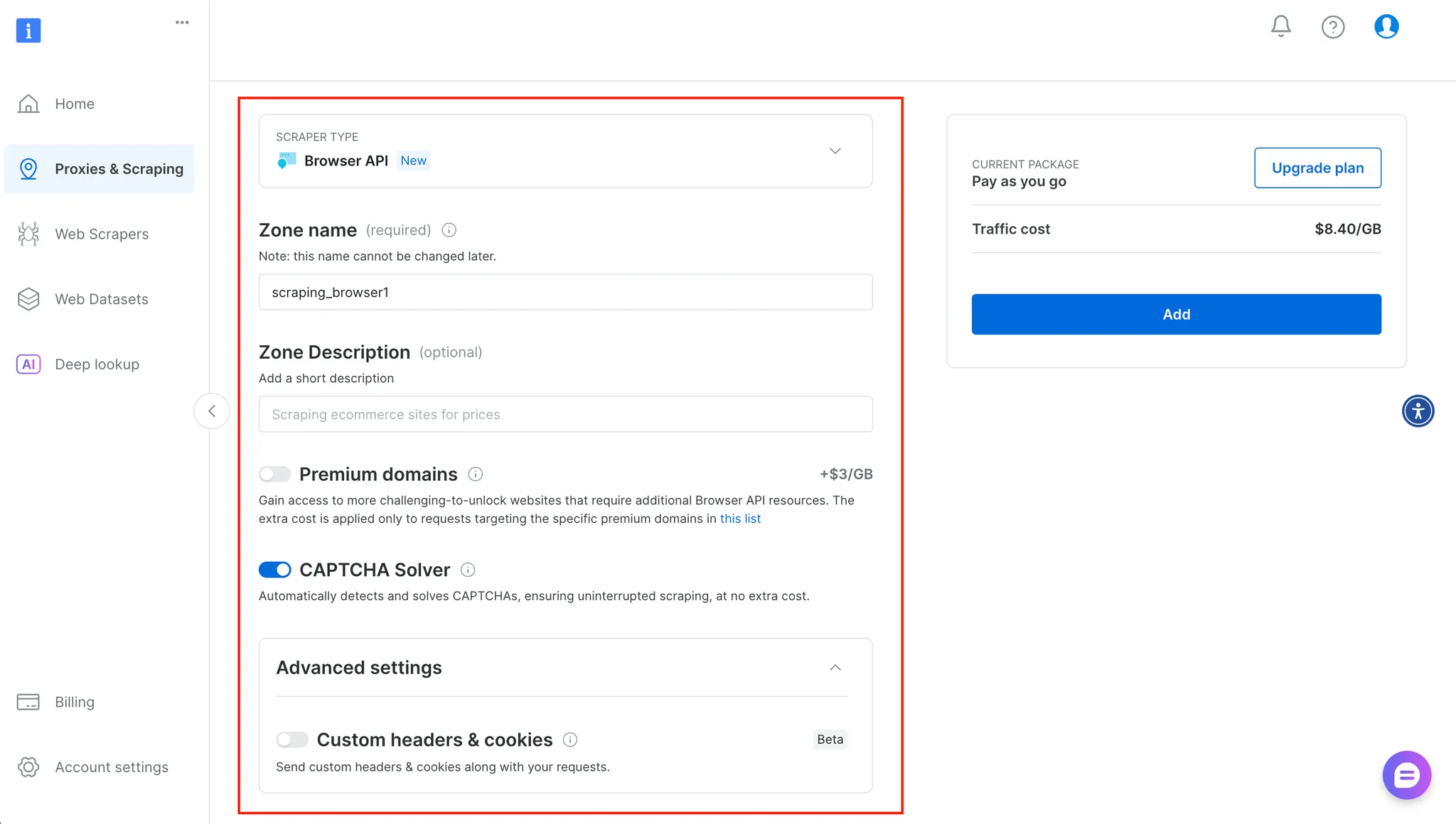 Configuration de la nouvelle zone API du navigateur