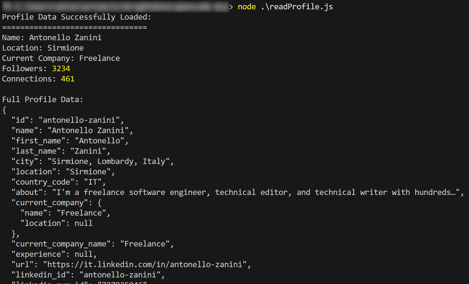 The readProfile.js output