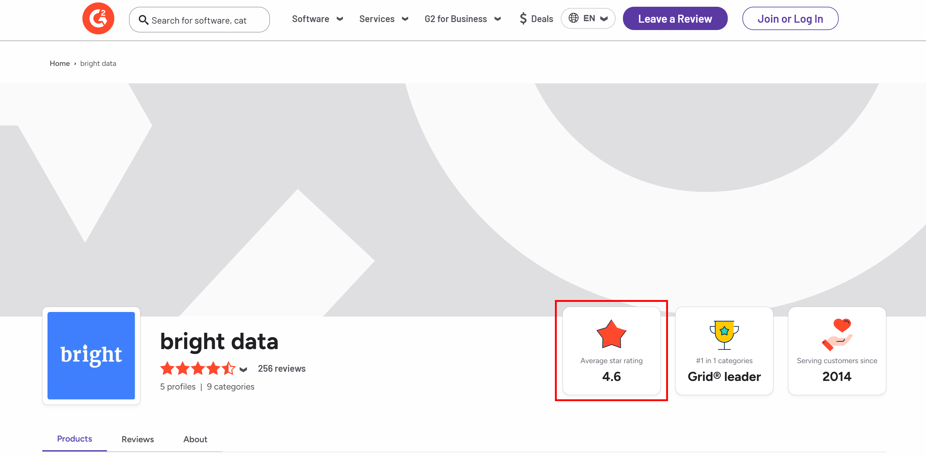 L'évaluation moyenne par étoiles provient de la page vendeur G2 de Bright Data.