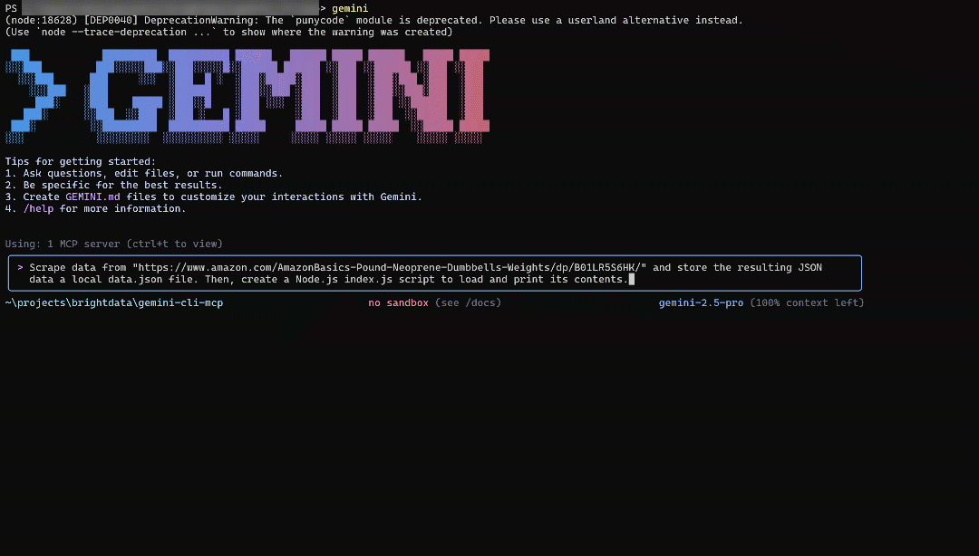 L'exécution de l'invite dans le CLI de Gemini