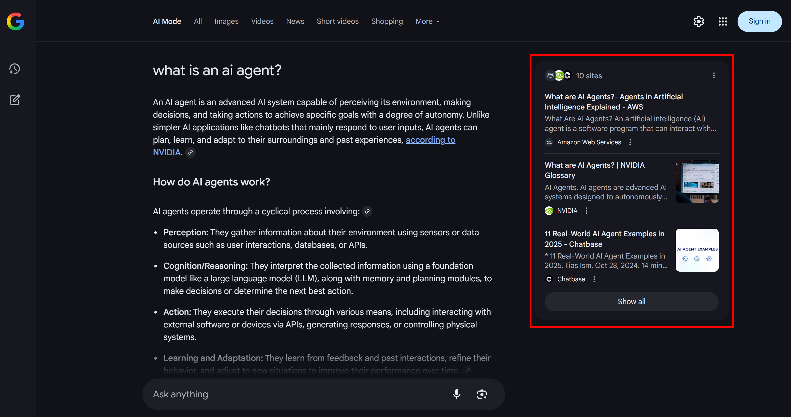 L'éventail de la requête à partir d'une page de résultats de Google AI Mode