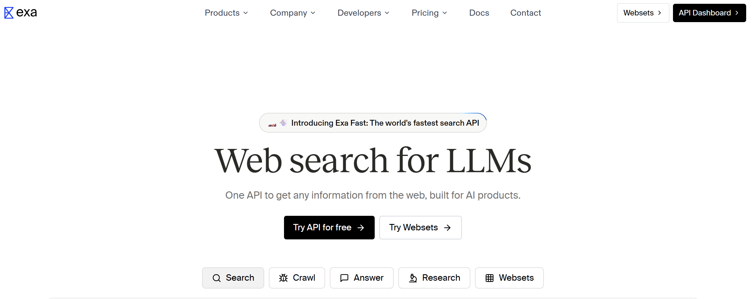 Recherche sur le site web d'Exa pour le site web de LLMs