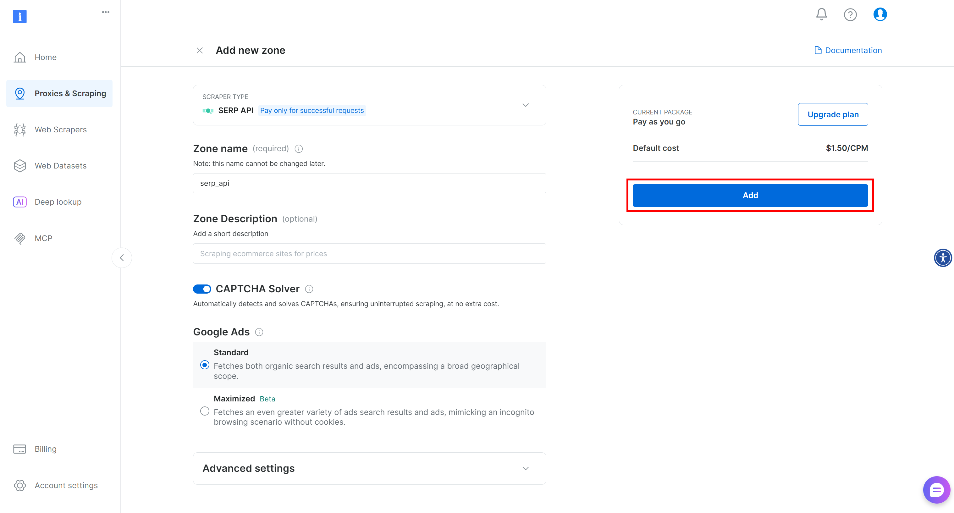 Clicking the “Add” button