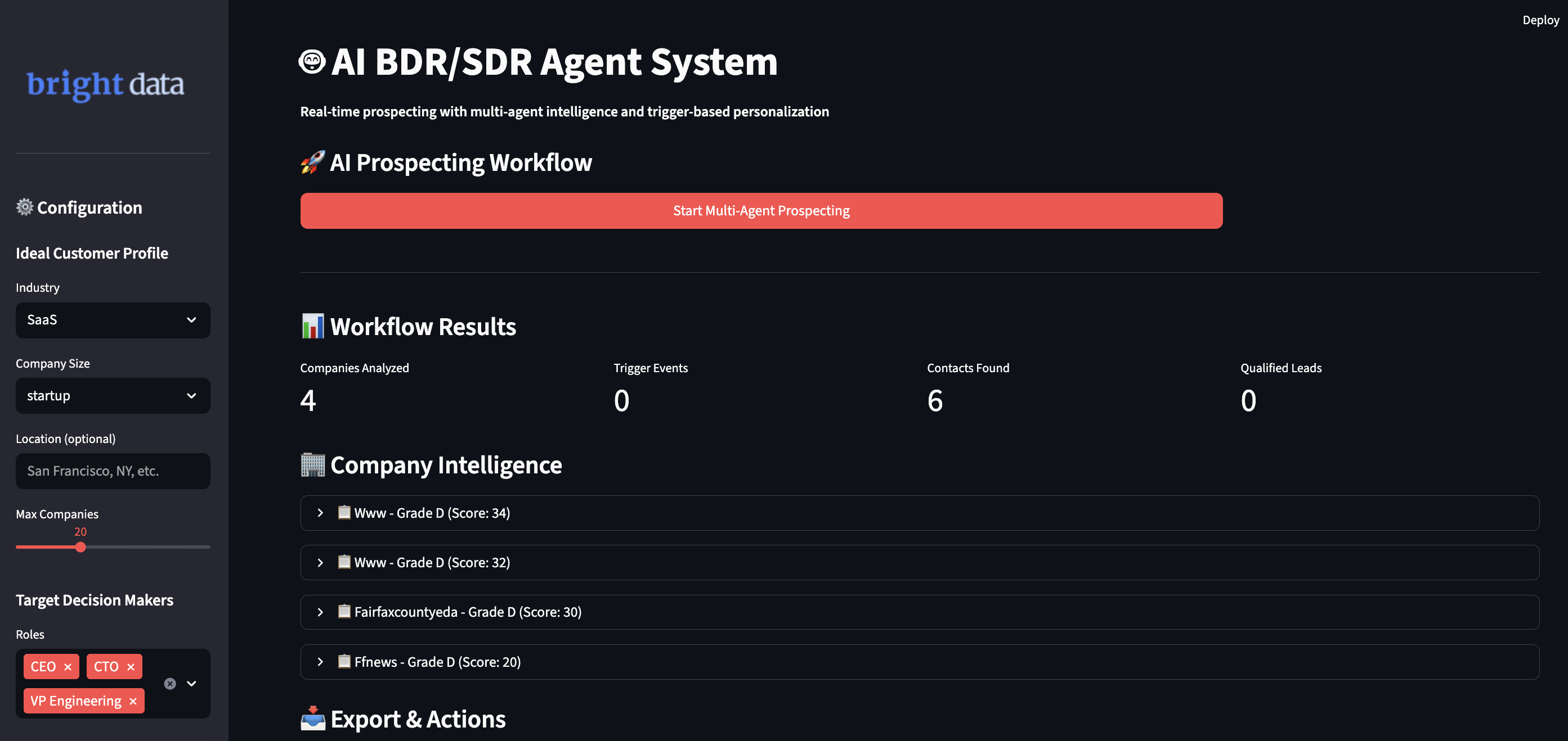 The UI of the AI SDR agent through Streamlit