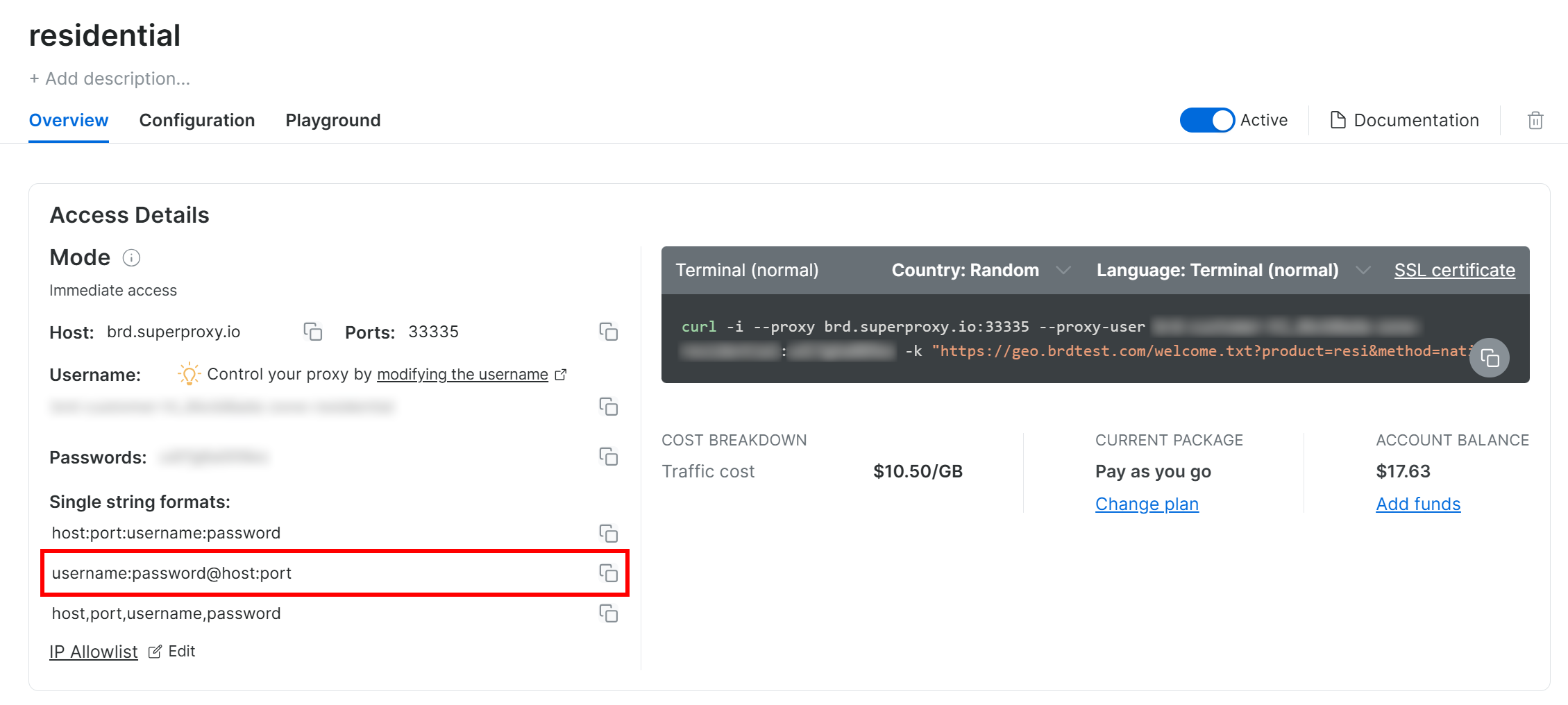 The residential rotating proxy configuration in the Bright Data dashboard