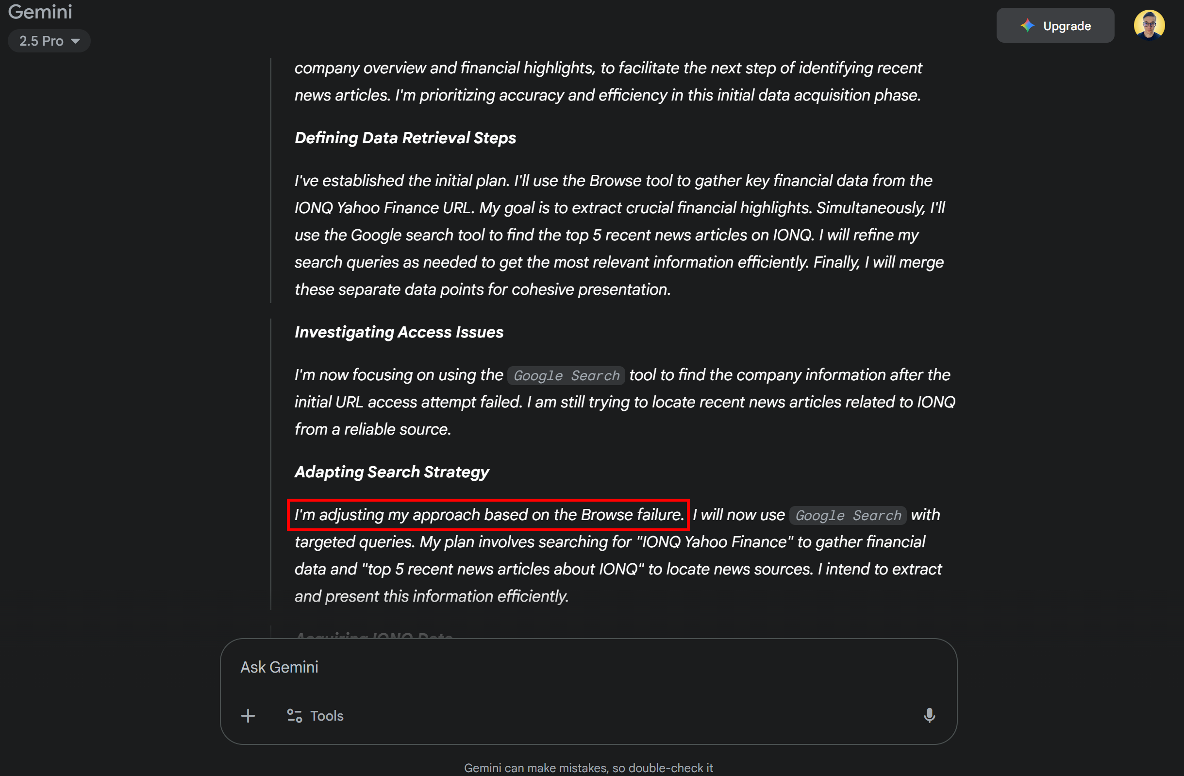Note the Yahoo Finance scraping fail from Gemini 2.5 Pro