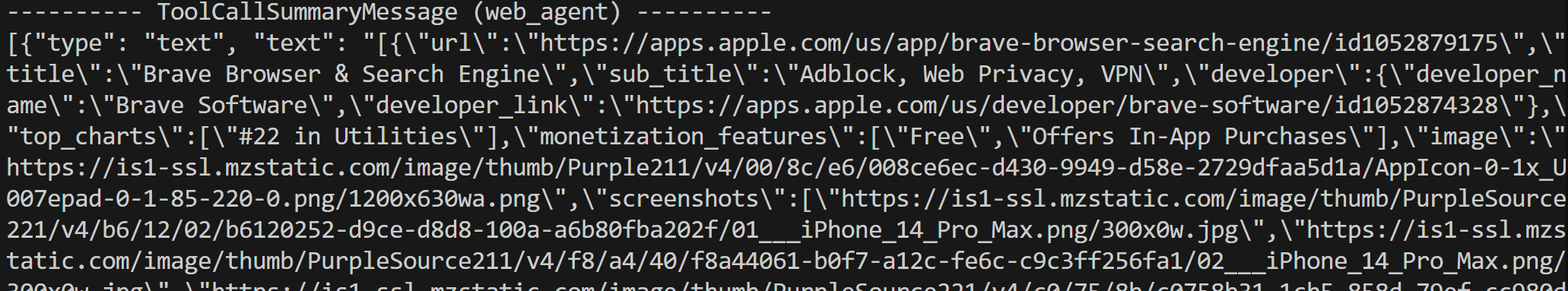 Note the JSON result returned by the tool