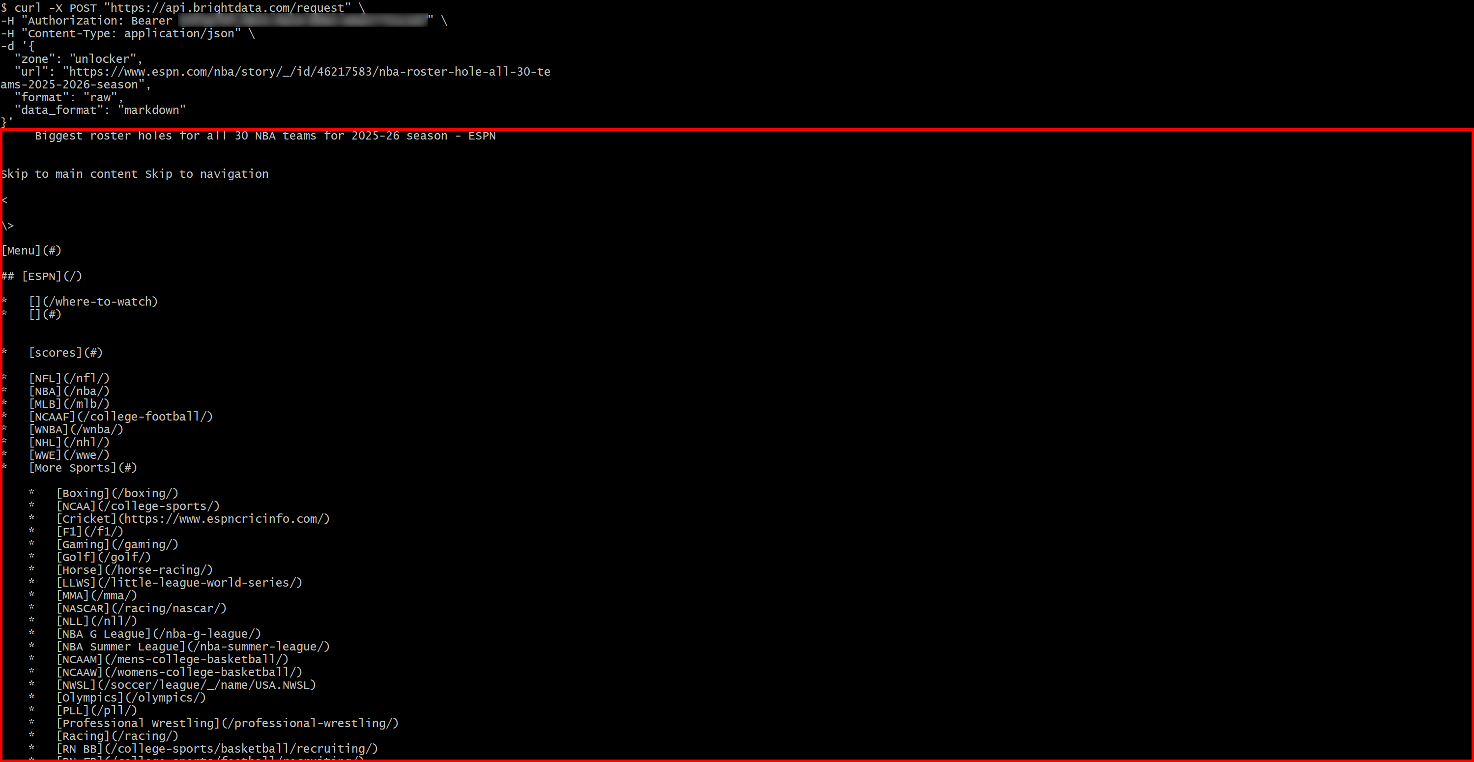 Note the direct output in Markdown format from the API