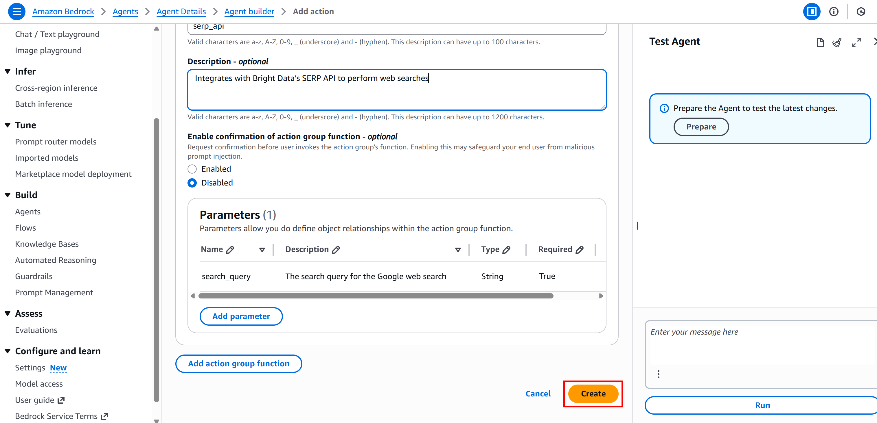 Pressing the “Create” button to add the action group