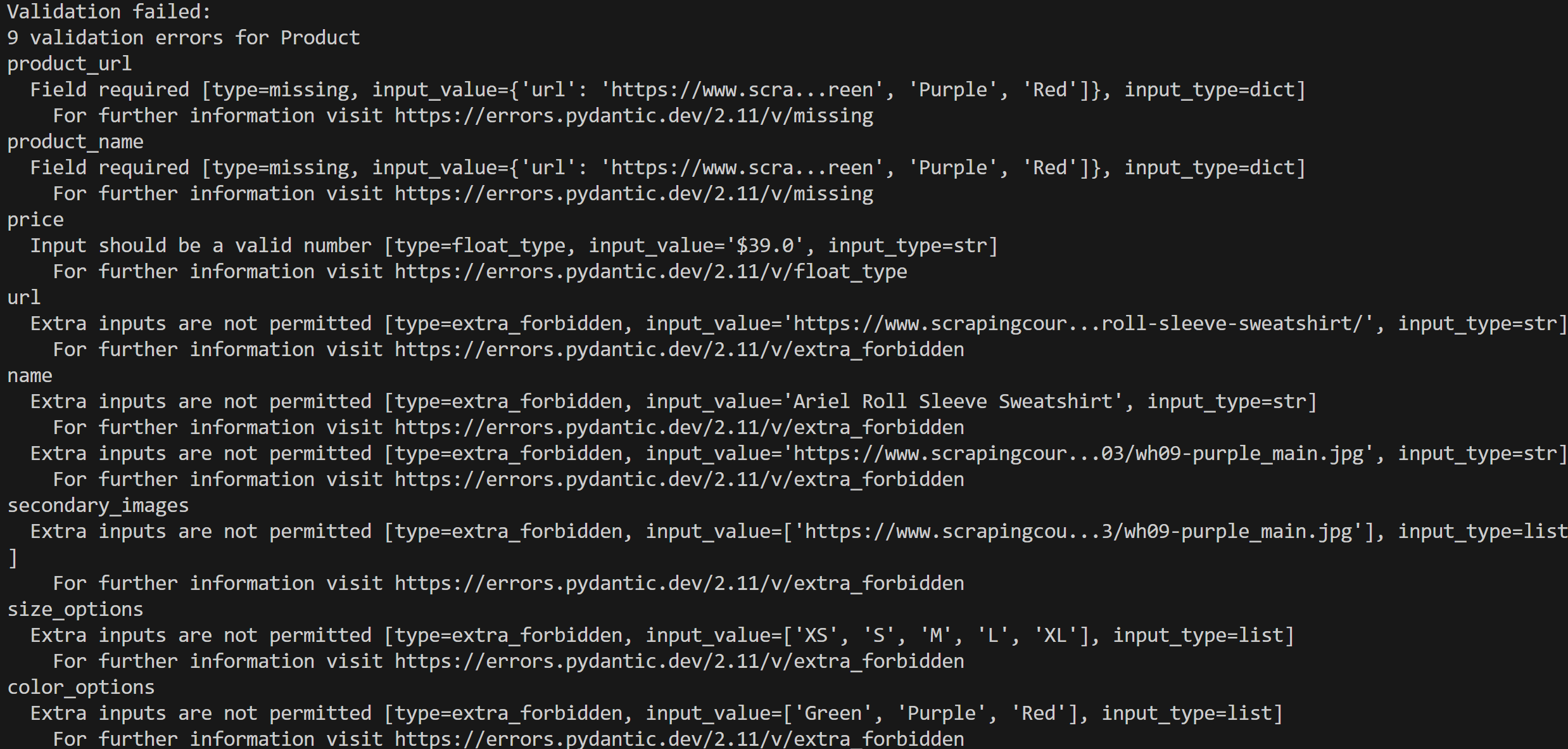 All the validation errors detected by Pydantic