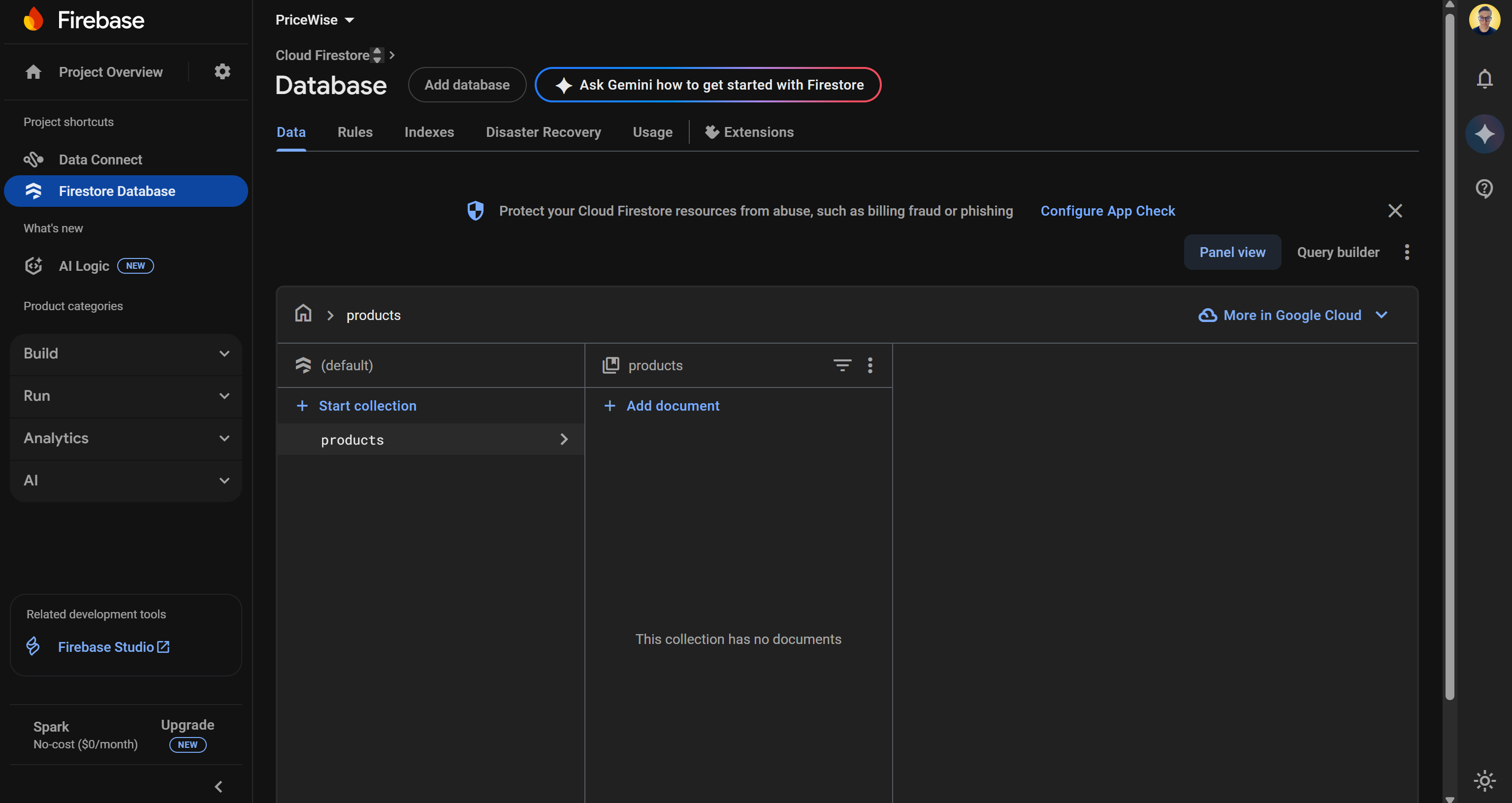 The products collection in the database