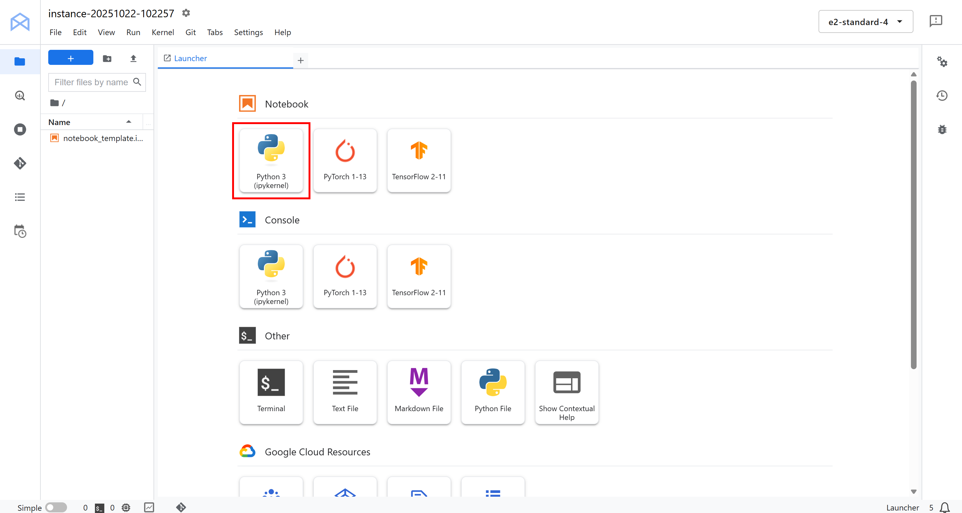 The “Vertex AI Workbench” environment