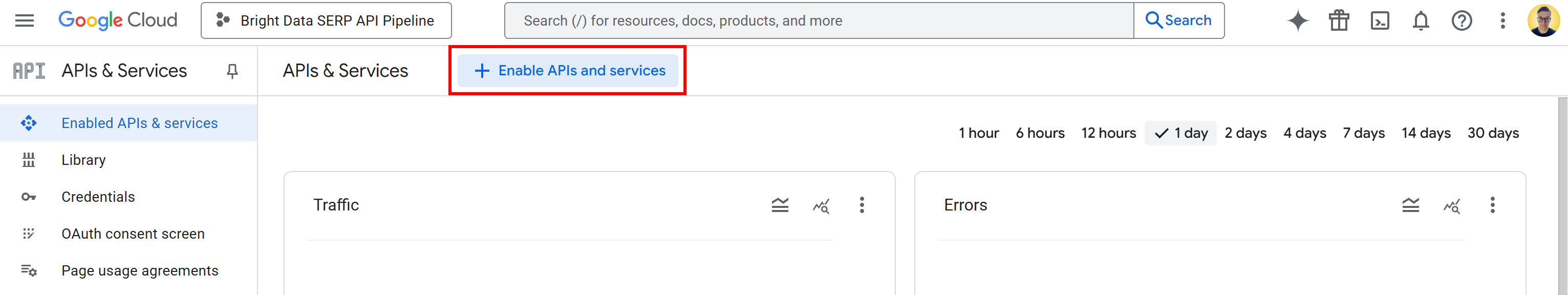 Pressing the “Enable APIs and services” button