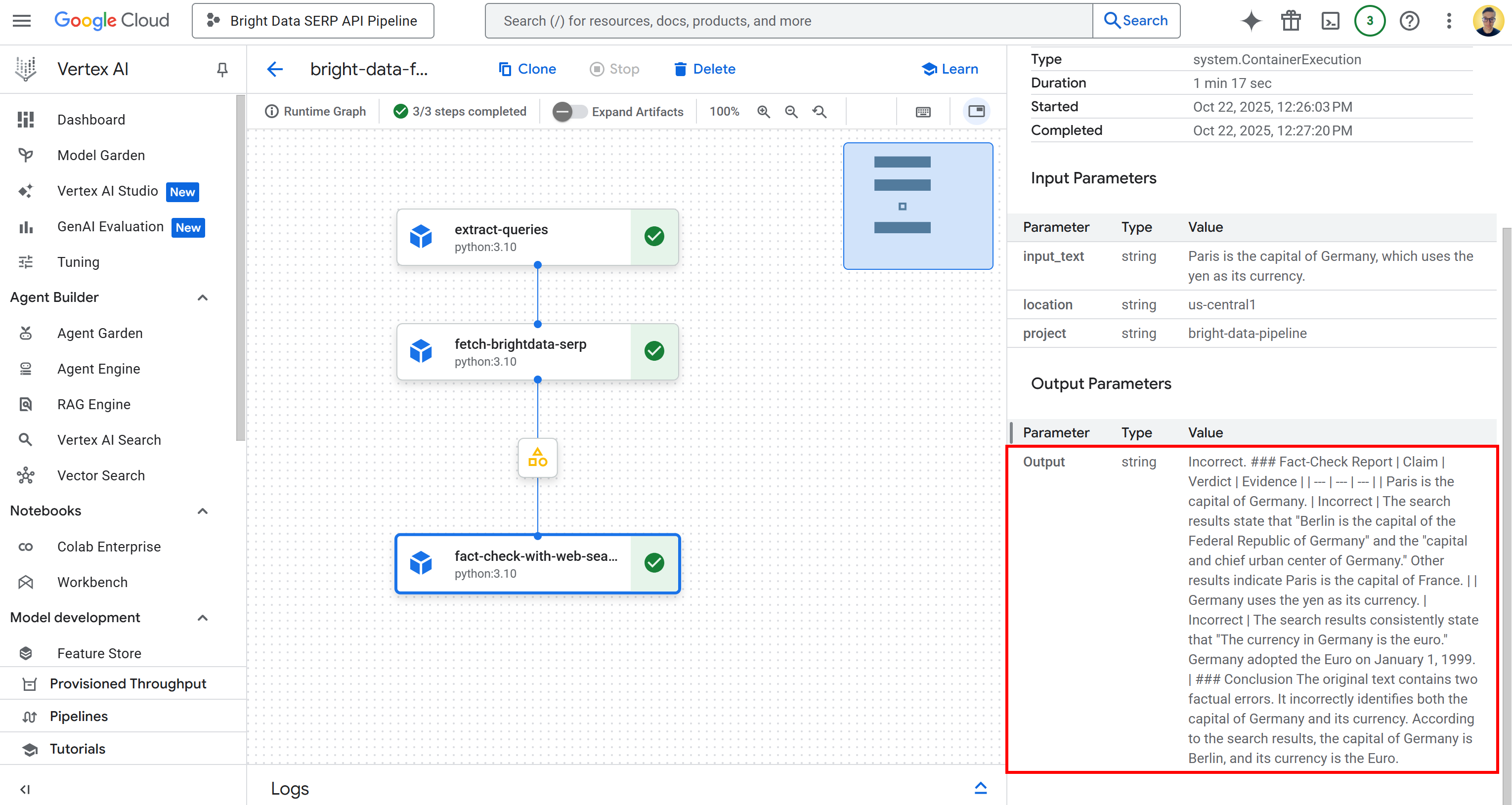 The output produced by the pipeline