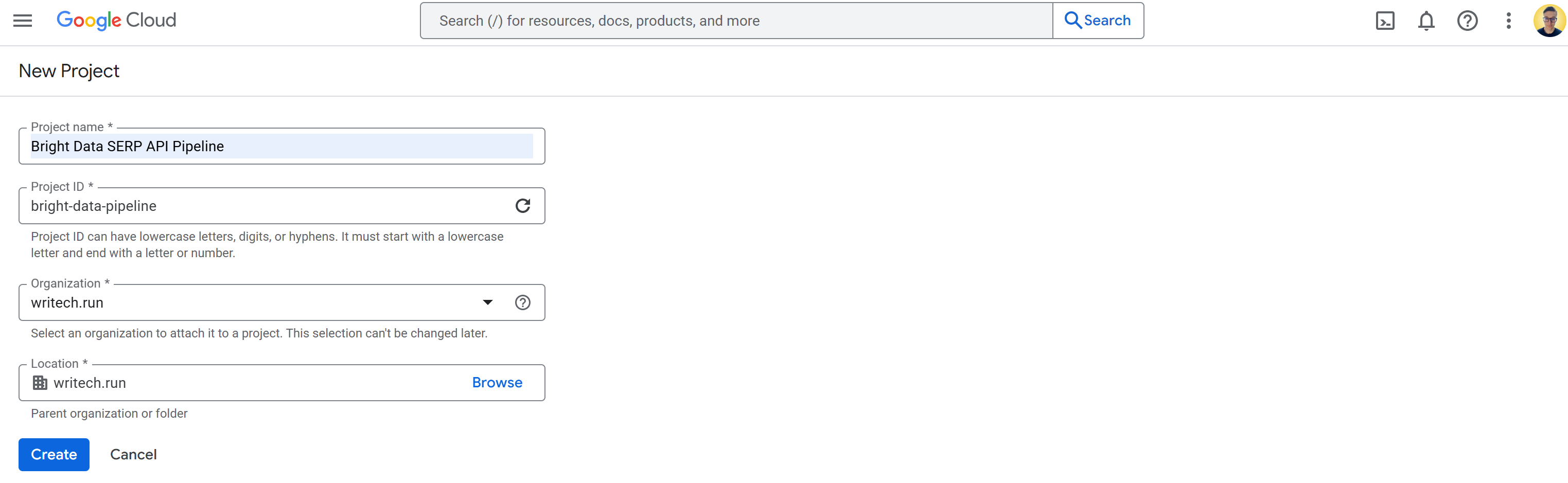 Creating a new Google Cloud project