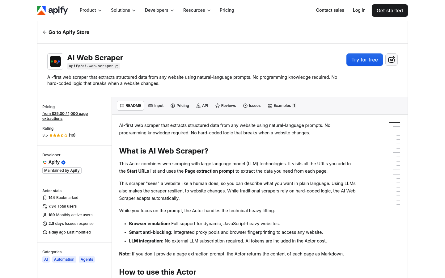 Capture d'écran de la page de l'Actor AI Web Scraper d'Apify montrant l'outil de scraping no-code piloté par le langage naturel sur la plateforme Apify.