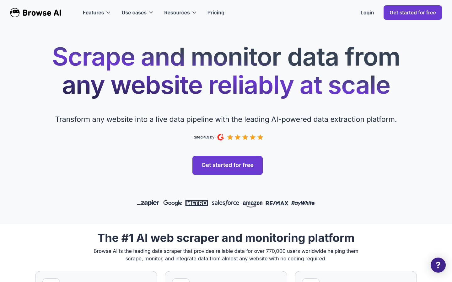 Capture d'écran de la page d'accueil de la plateforme de Scraping web no-code Browse AI montrant son interface visuelle et ses fonctionnalités d'automatisation.
