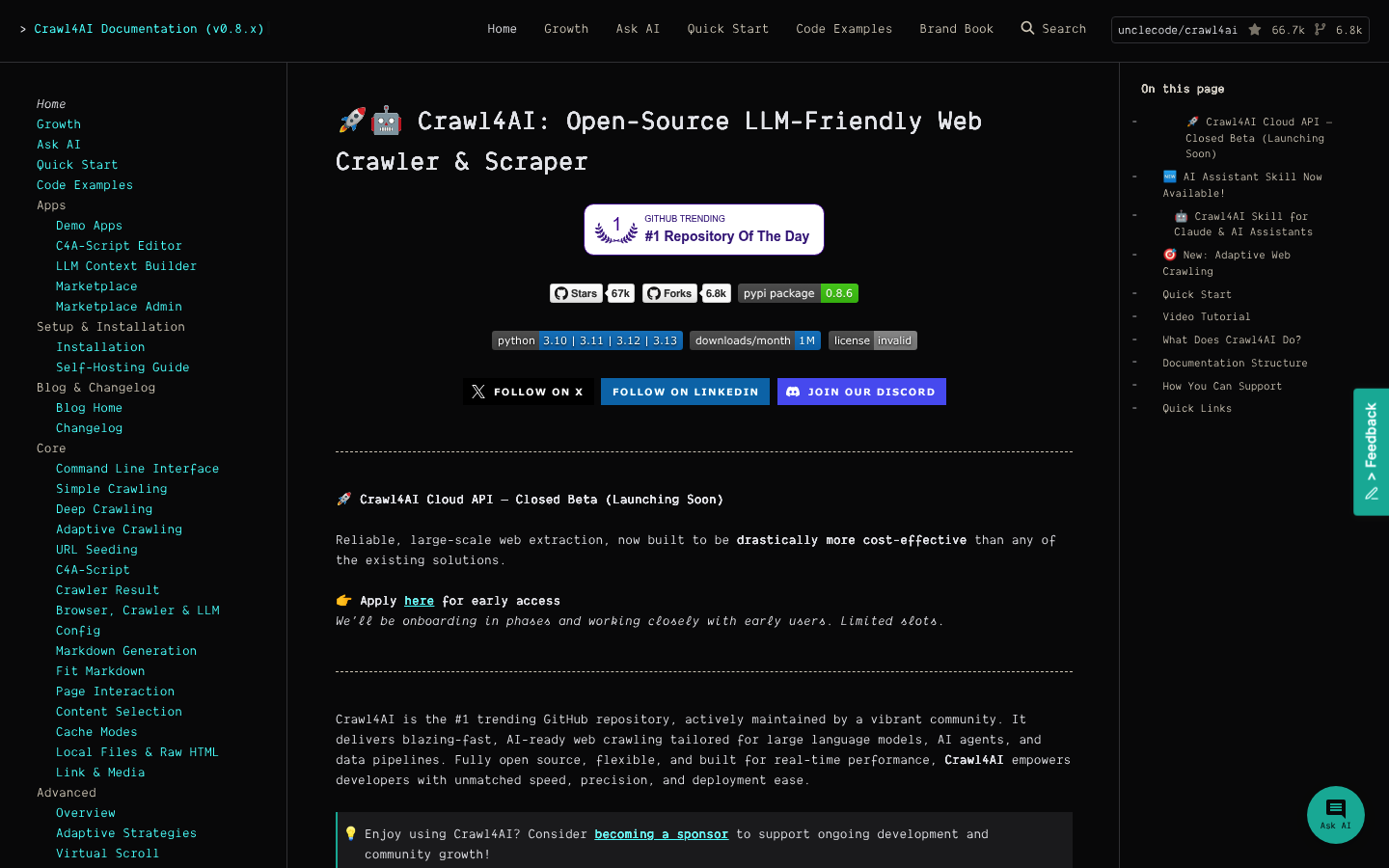 Capture d'écran de la page d'accueil de la bibliothèque de Scraping web open-source Crawl4AI montrant sa documentation et ses fonctionnalités clés.