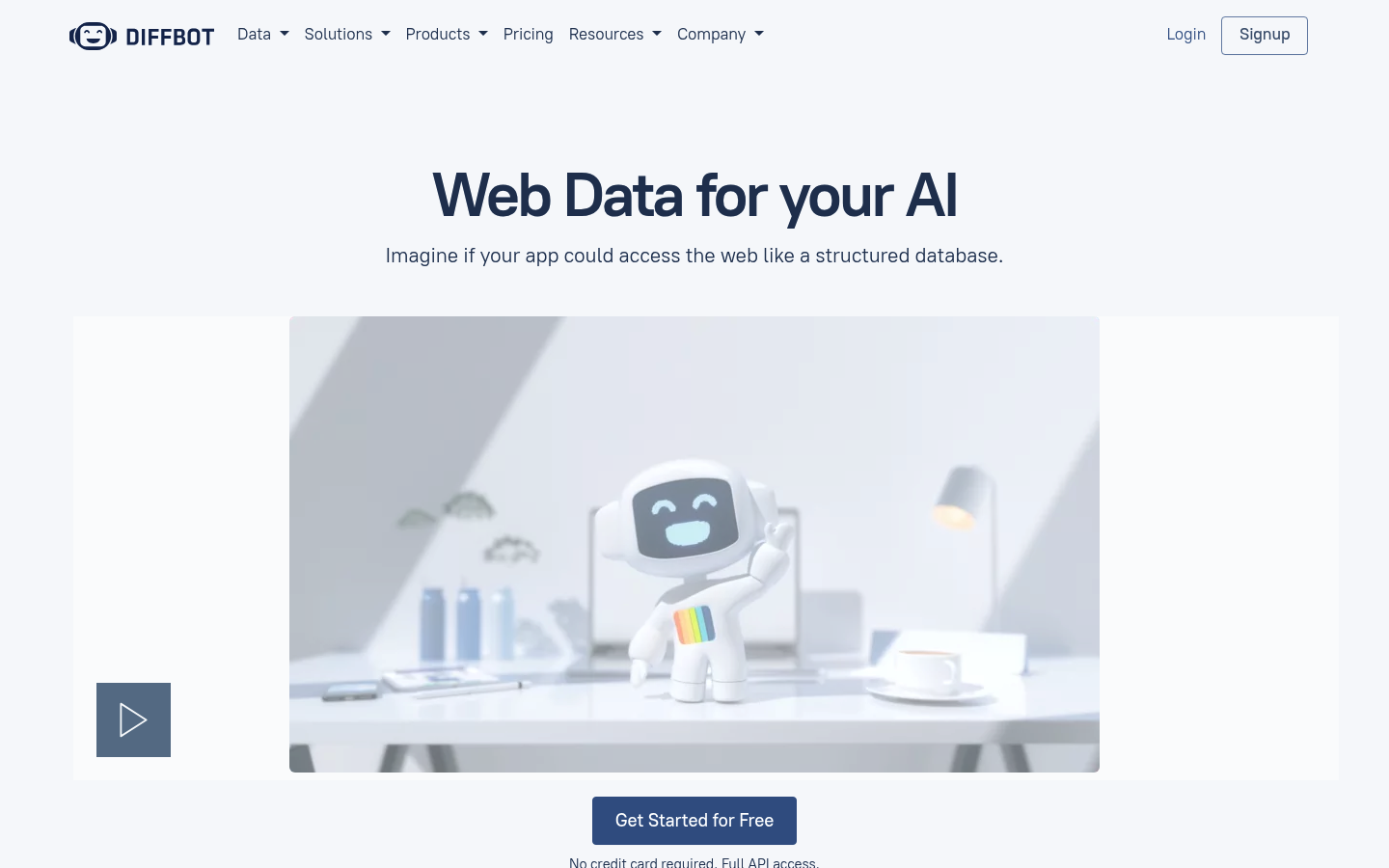 Capture d'écran de la page d'accueil de Diffbot montrant sa plateforme d'extraction de données web alimentée par l'IA et son produit Knowledge Graph.