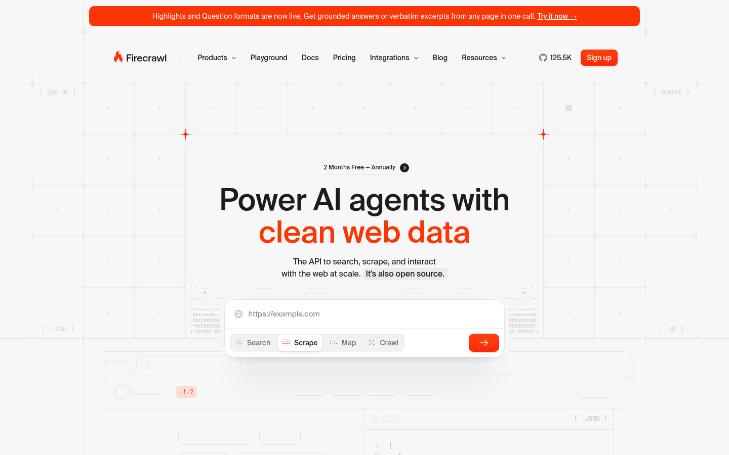Capture d'écran de la page d'accueil de Firecrawl montrant la plateforme API de Scraping web IA orientée développeurs avec son aperçu des tarifs et fonctionnalités.