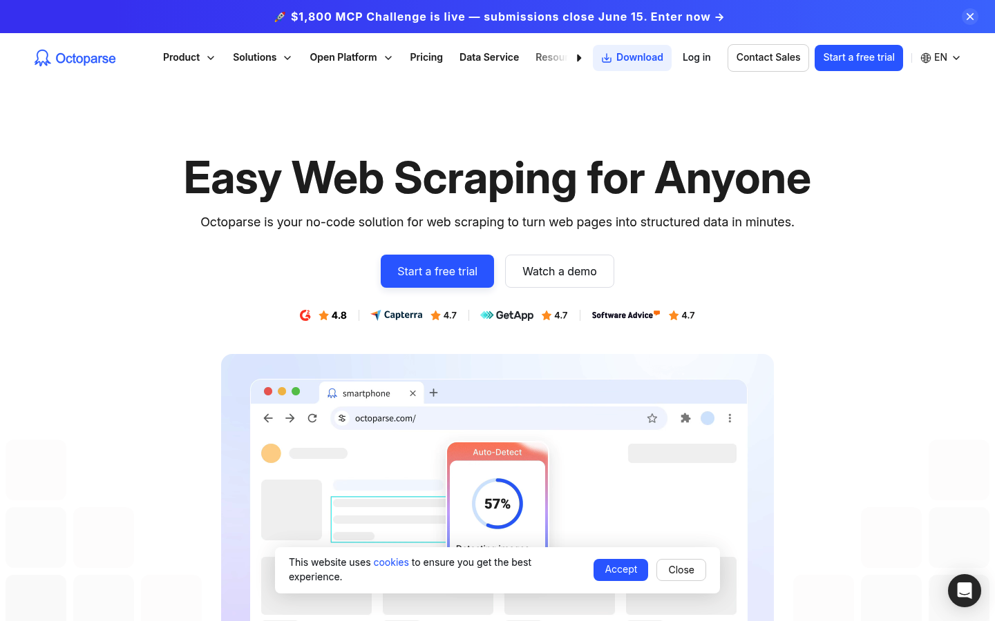 Capture d'écran de la page d'accueil de la plateforme de Scraping web no-code Octoparse montrant son interface visuelle et ses fonctionnalités d'extraction cloud.