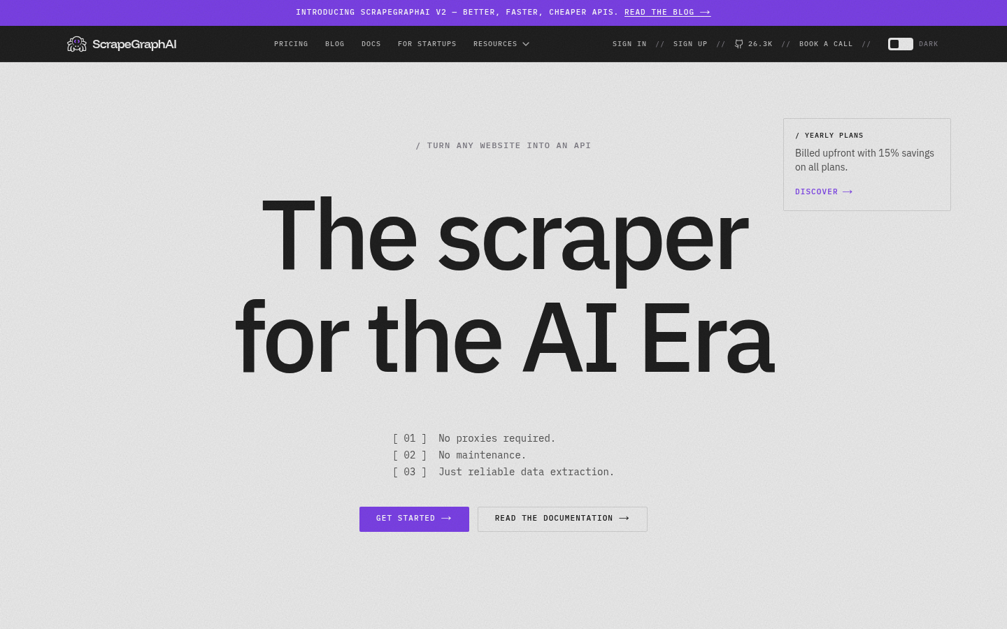 Capture d'écran de la page d'accueil de ScrapeGraphAI montrant son API de Scraping web native IA et sa bibliothèque open-source.