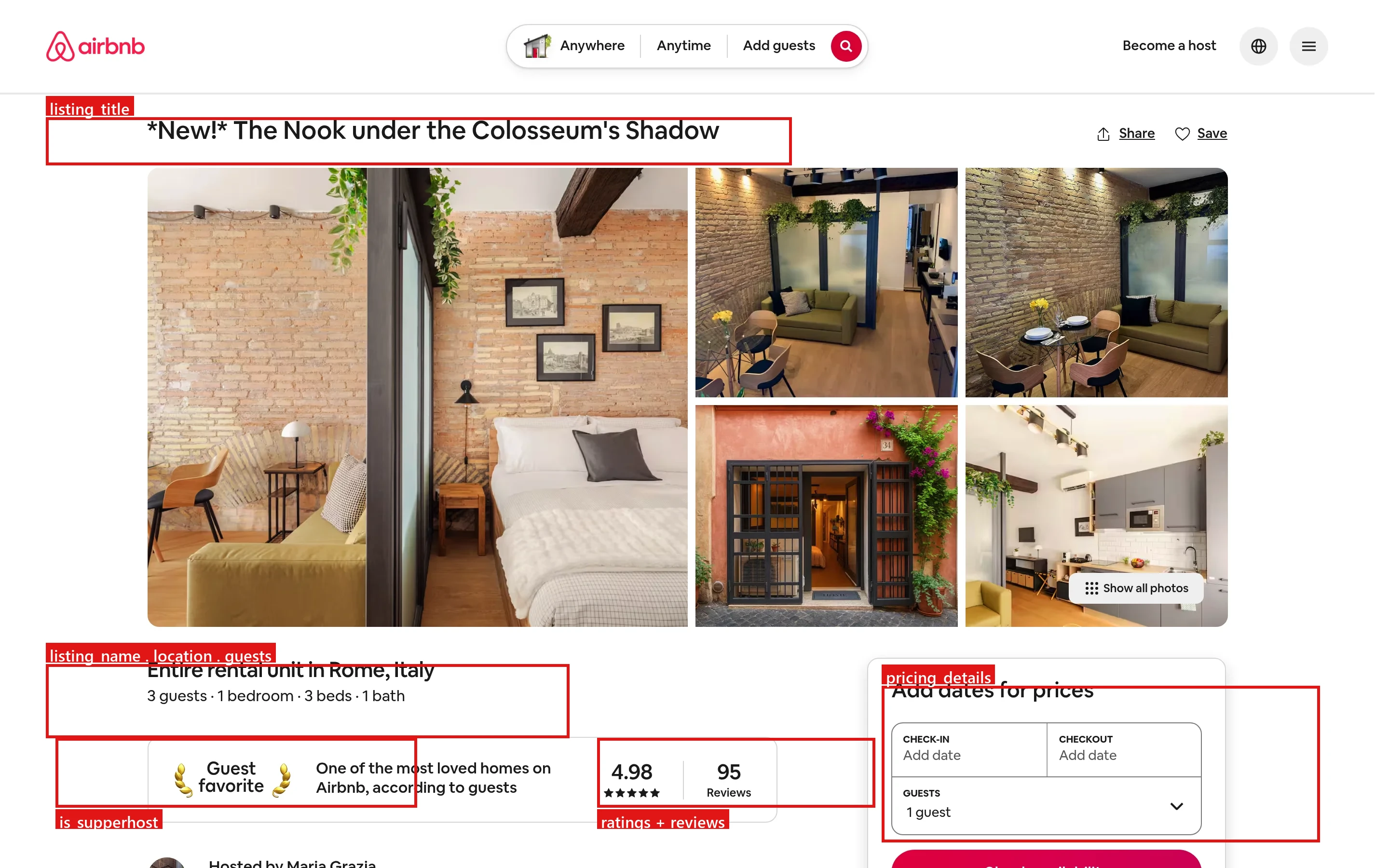 Anatomie d'un listing Airbnb : éléments de page mappés aux champs que vous extrayez