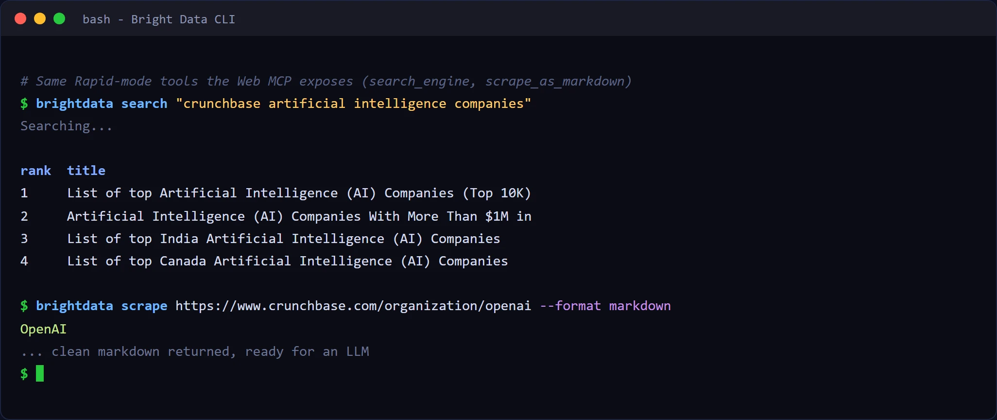 Utilisation des outils Web MCP depuis le CLI Bright Data