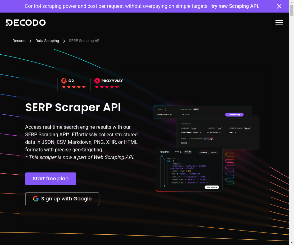 Page de l'API Scraper SERP de Decodo