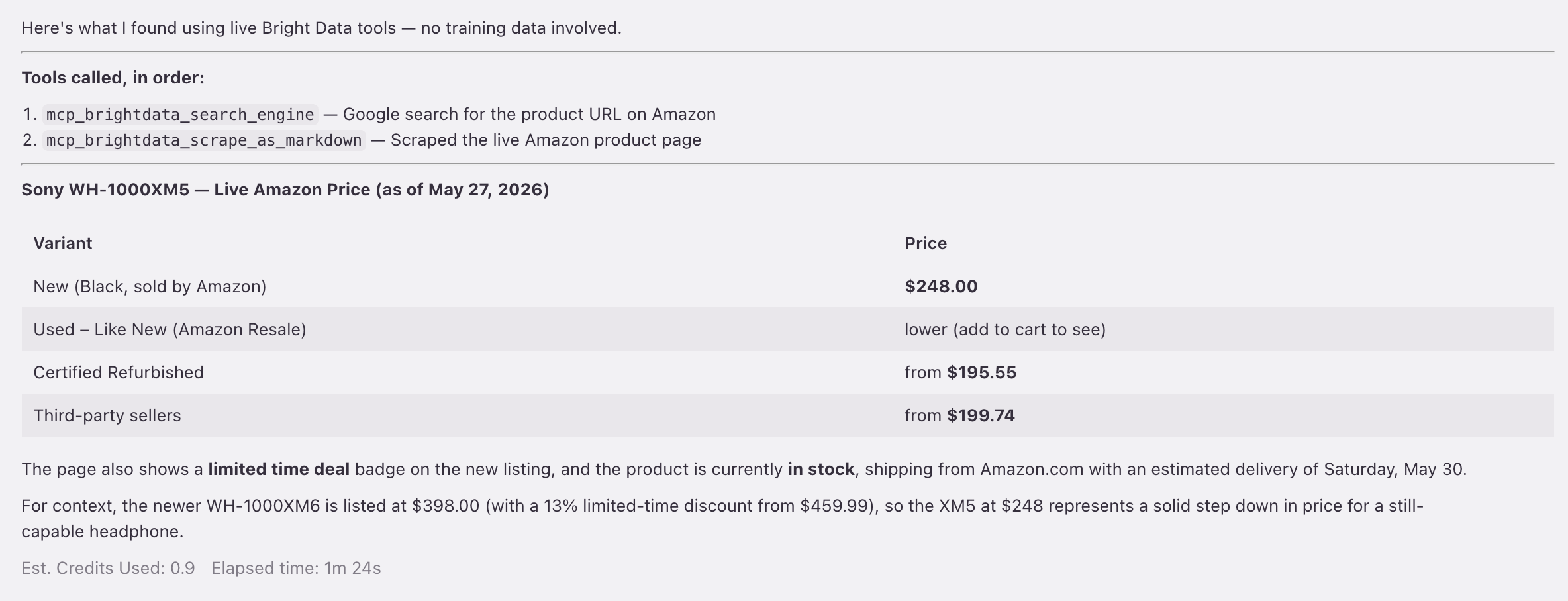Agent Kiro : search_engine puis scrape_as_markdown retourne un prix Amazon Sony WH-1000XM5 en direct de 248,00 $ avec l'état du stock. 0,9 crédit.