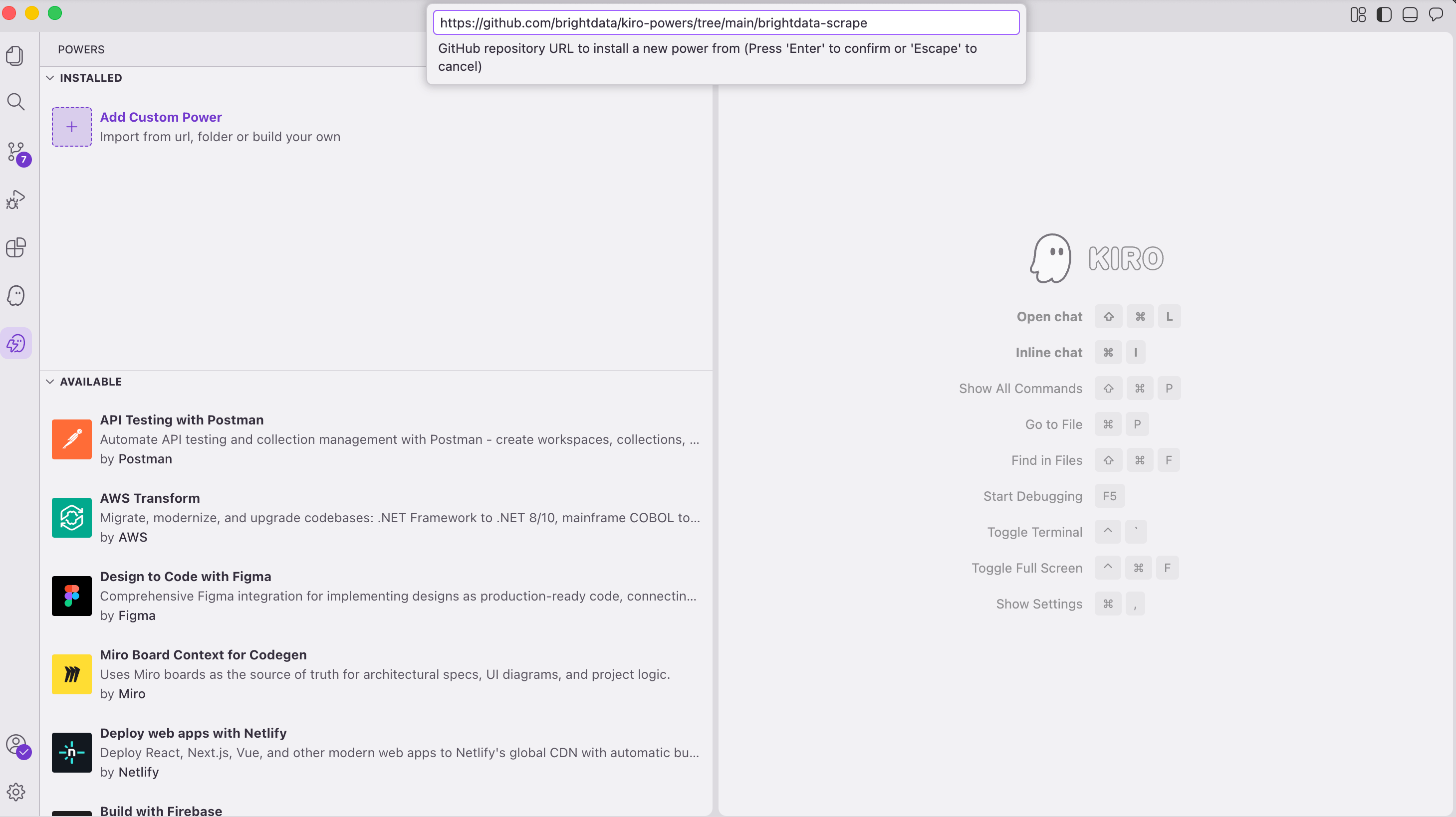 Modal Kiro Add Custom Power : URL GitHub brightdata-scrape collée dans le champ de saisie, avec l'indication 'Appuyez sur Entrée pour confirmer' visible.