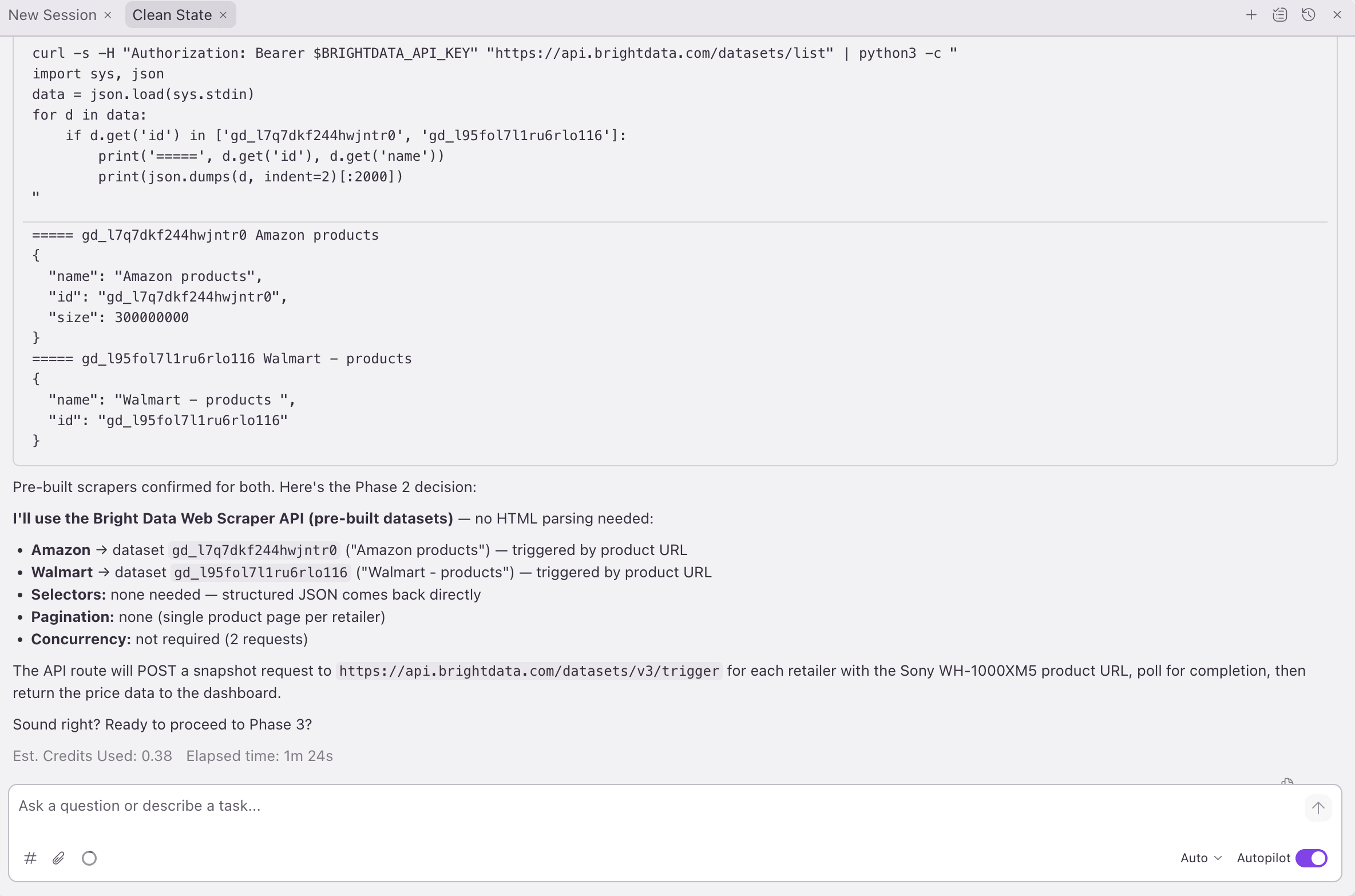 Kiro Phase 2 : dataset préconstruit choisi pour Amazon et Walmart, avec la porte de confirmation 'Ready to proceed to Phase 3?'. 0,38 crédit, 1m 24s.