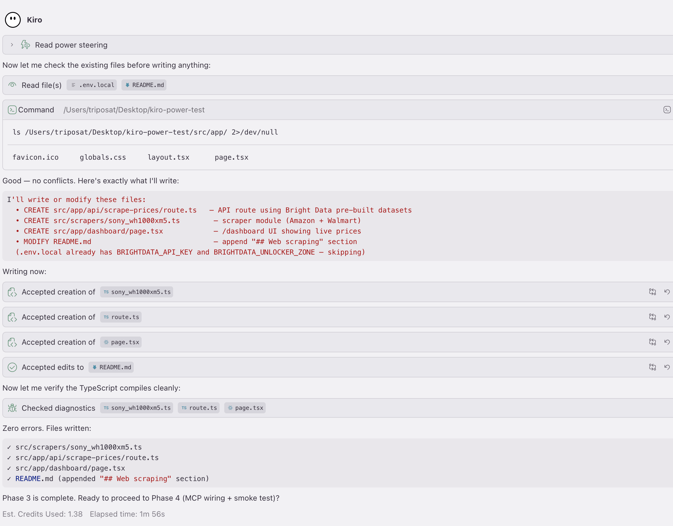 Chat Kiro montrant la Phase 3 du Power brightdata-scrape terminée : quatre fichiers écrits, zéro erreur TypeScript, 1,38 crédit utilisé en 1m 56s.