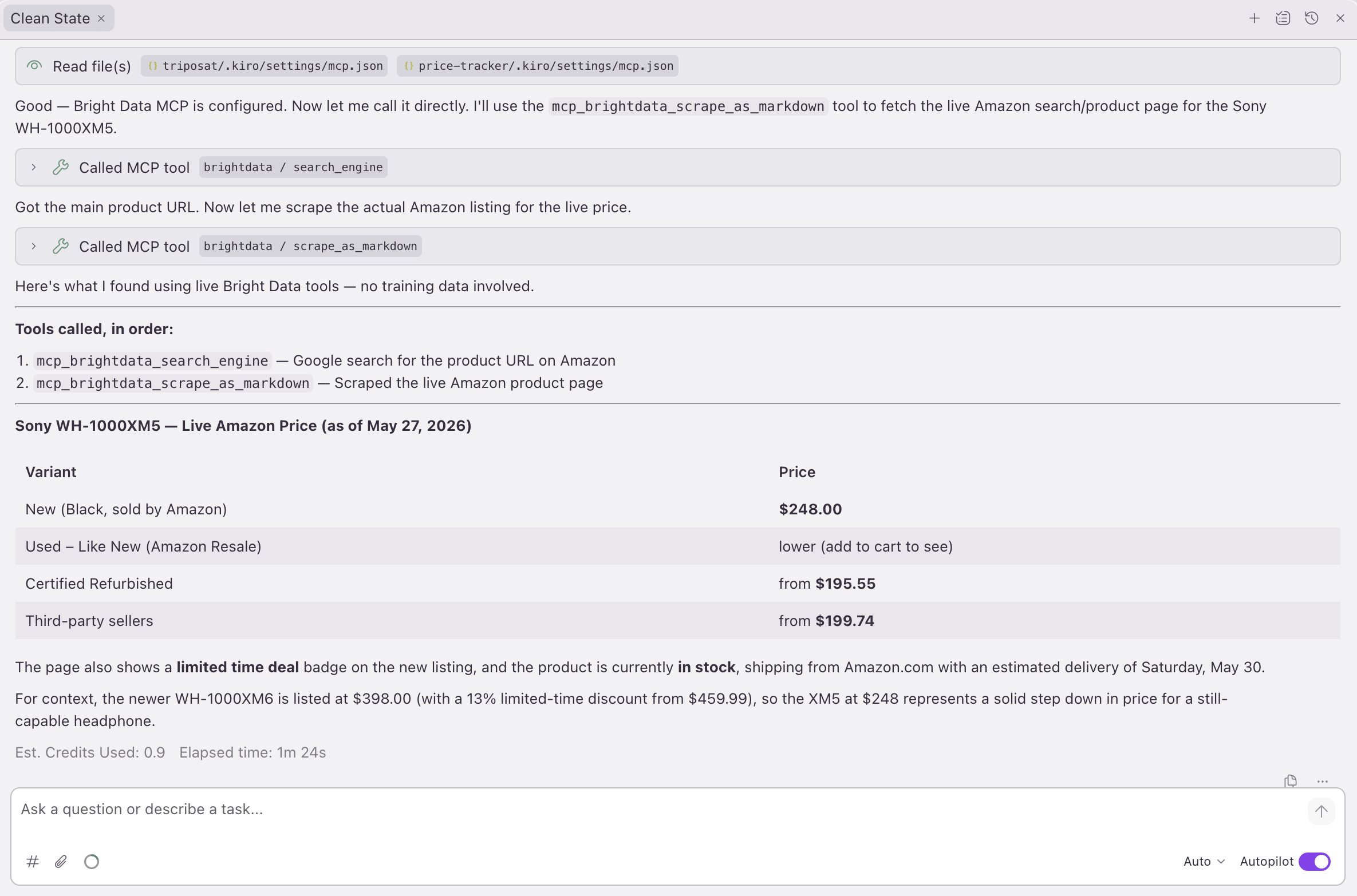 Chat Kiro, exécution complète : l'agent choisit lui-même search_engine puis scrape_as_markdown, retournant un prix Amazon Sony WH-1000XM5 en direct. 1m 24s, 0,9 crédit.