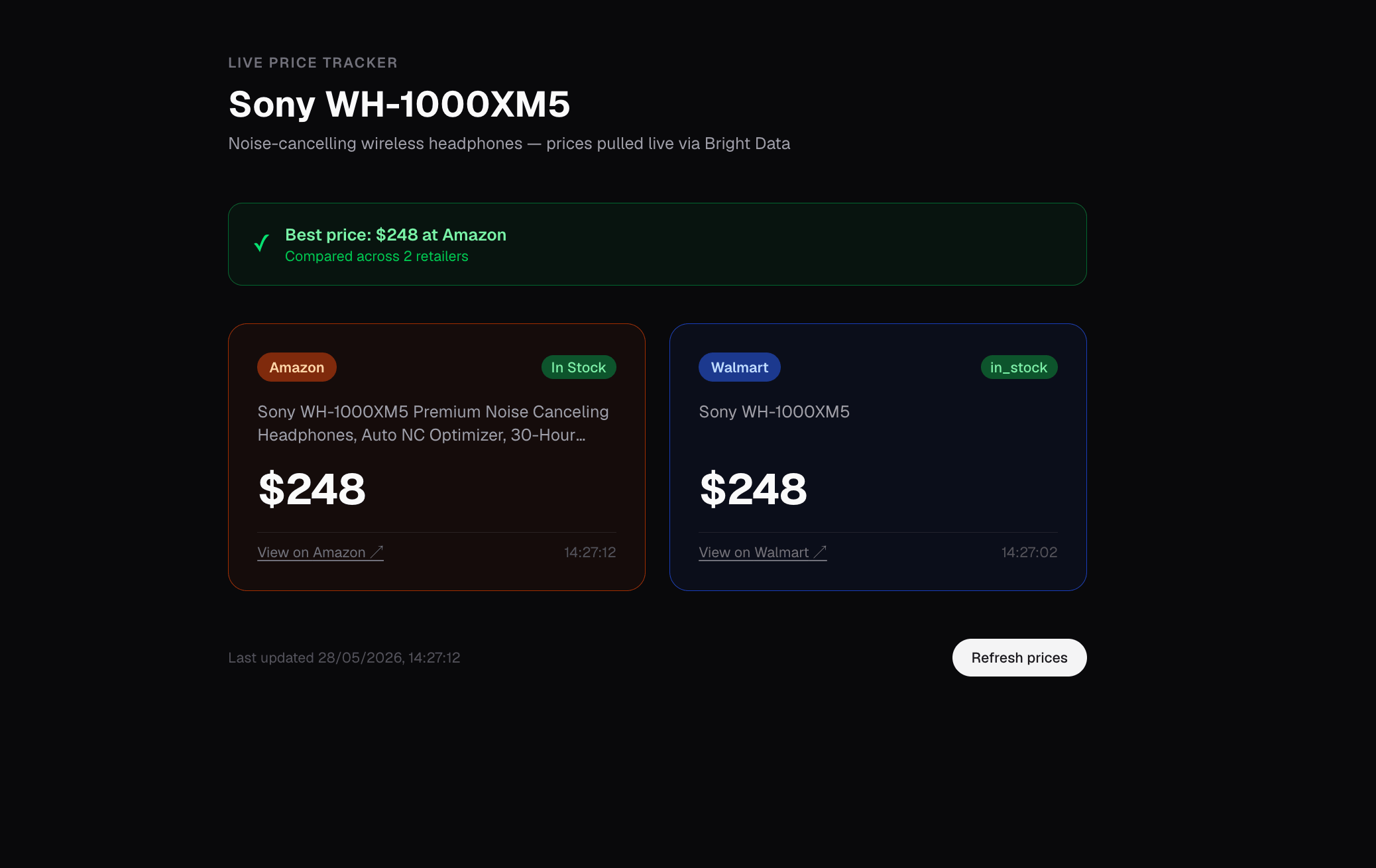 La route principale (/) à 14h27 le 28 mai 2026 : Sony WH-1000XM5 à 248 $ sur Amazon et Walmart, affiché sous forme de cartes avec une bannière verte "Meilleur prix" sur Amazon.