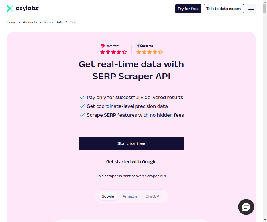 Page de l'API Scraper SERP d'Oxylabs