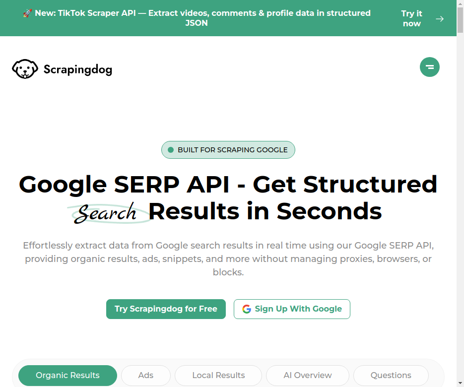 Page de l'API SERP Google de Scrapingdog