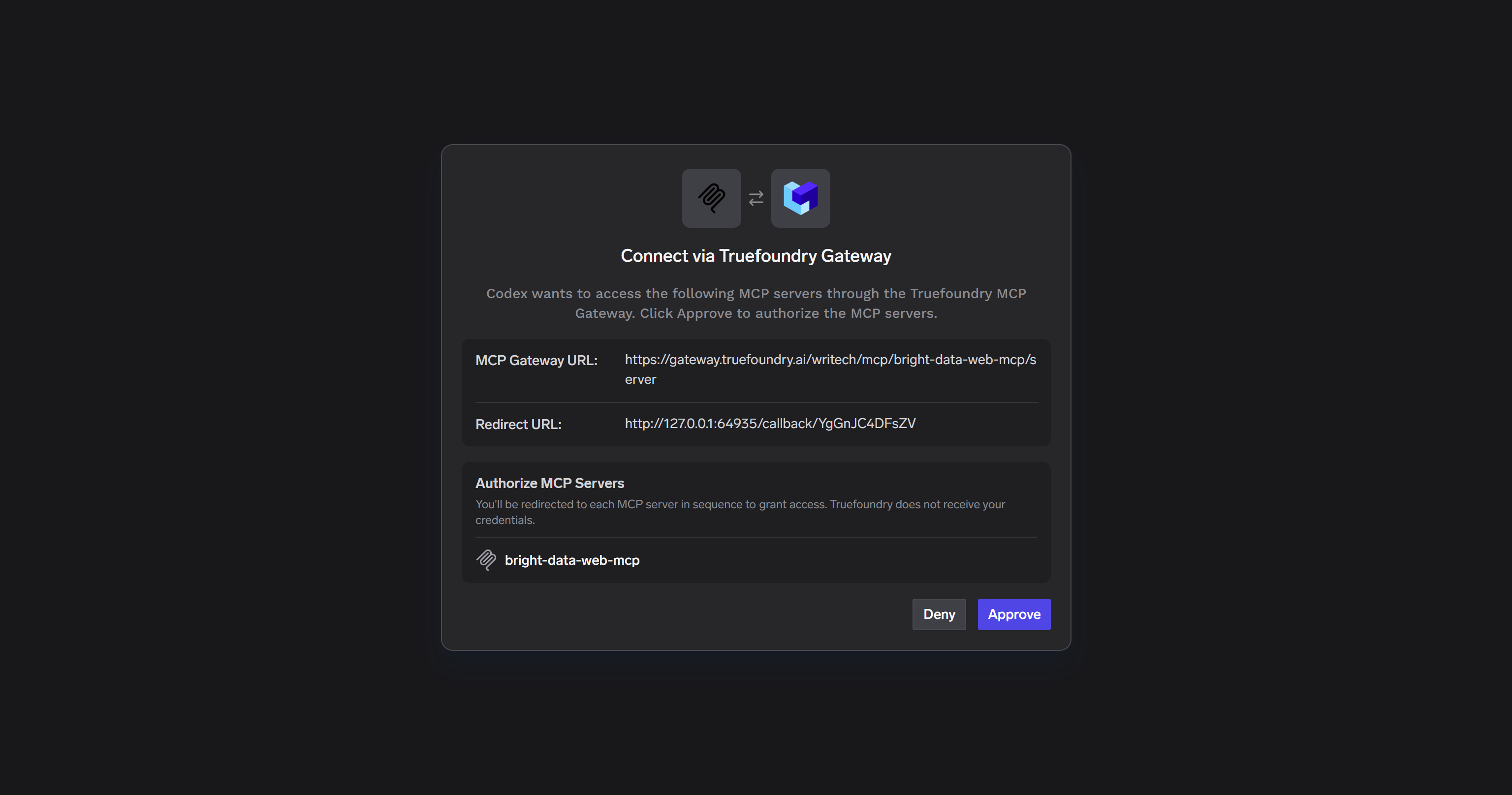 La page d'autorisation OAuth TrueFoundry pour votre passerelle MCP
