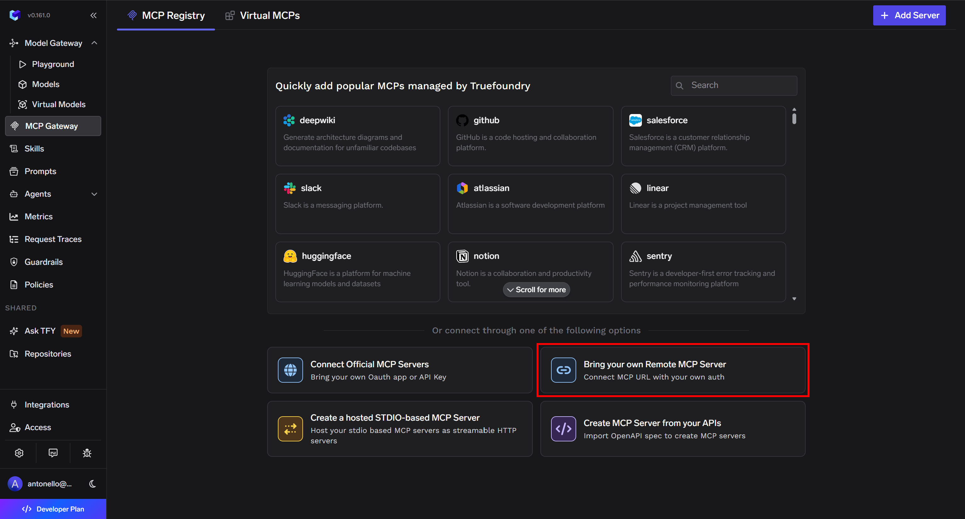 Appui sur l'option « Apportez votre propre serveur MCP distant » dans la page « Registre MCP »