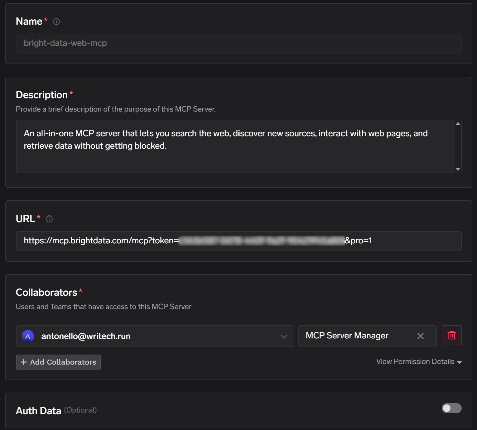 Remplissage du formulaire « Ajouter un nouveau serveur MCP » pour la connexion Bright Data Web MCP