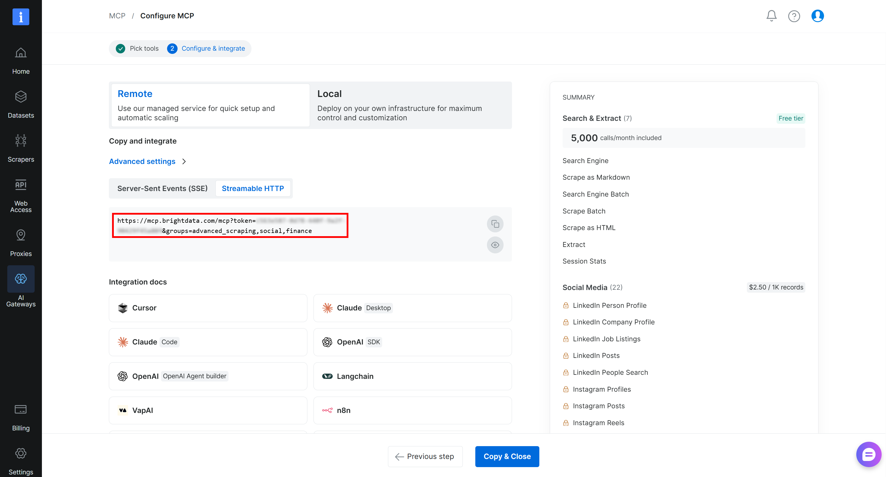 Notez l'URL de connexion Web MCP configurée