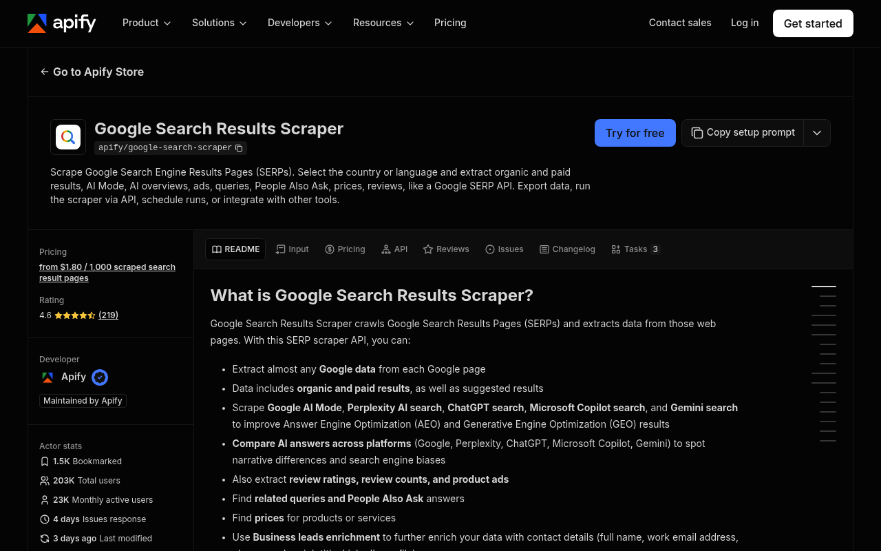 Page de plan et de tarification de l'API SERP gratuite Apify