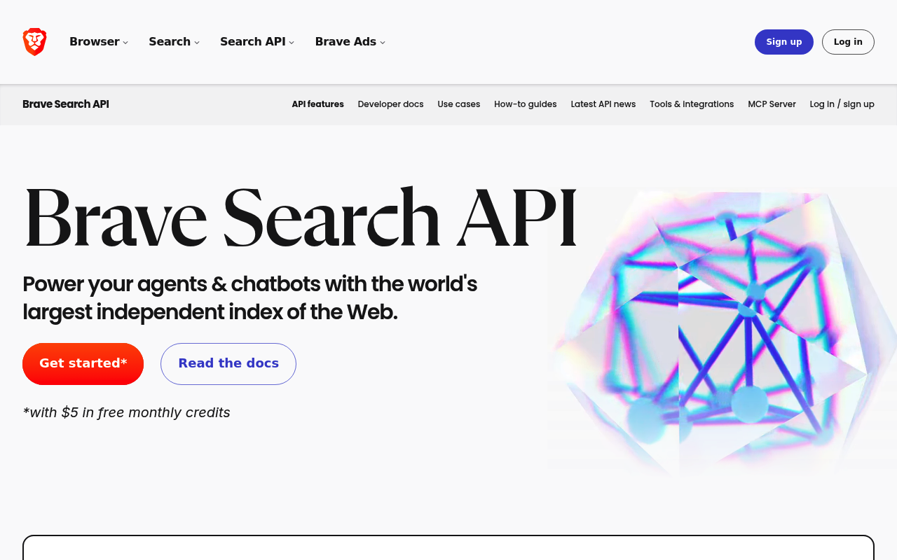 Page de plan et de tarification de l'API SERP gratuite Brave Search API