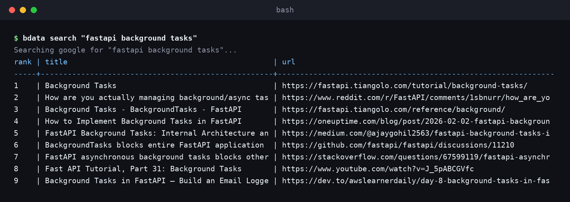 CLI Bright Data exécutant bdata search pour fastapi background tasks et affichant les résultats Google classés avec titres et URL
