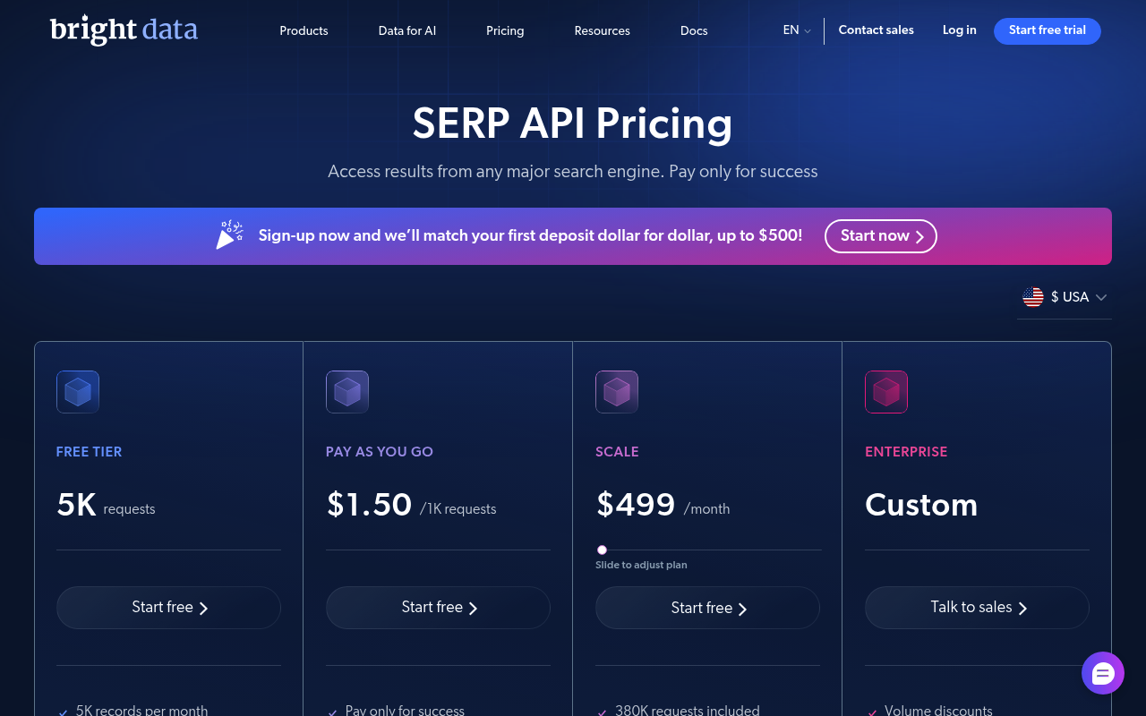 Page de plan et de tarification de l'API SERP gratuite Bright Data
