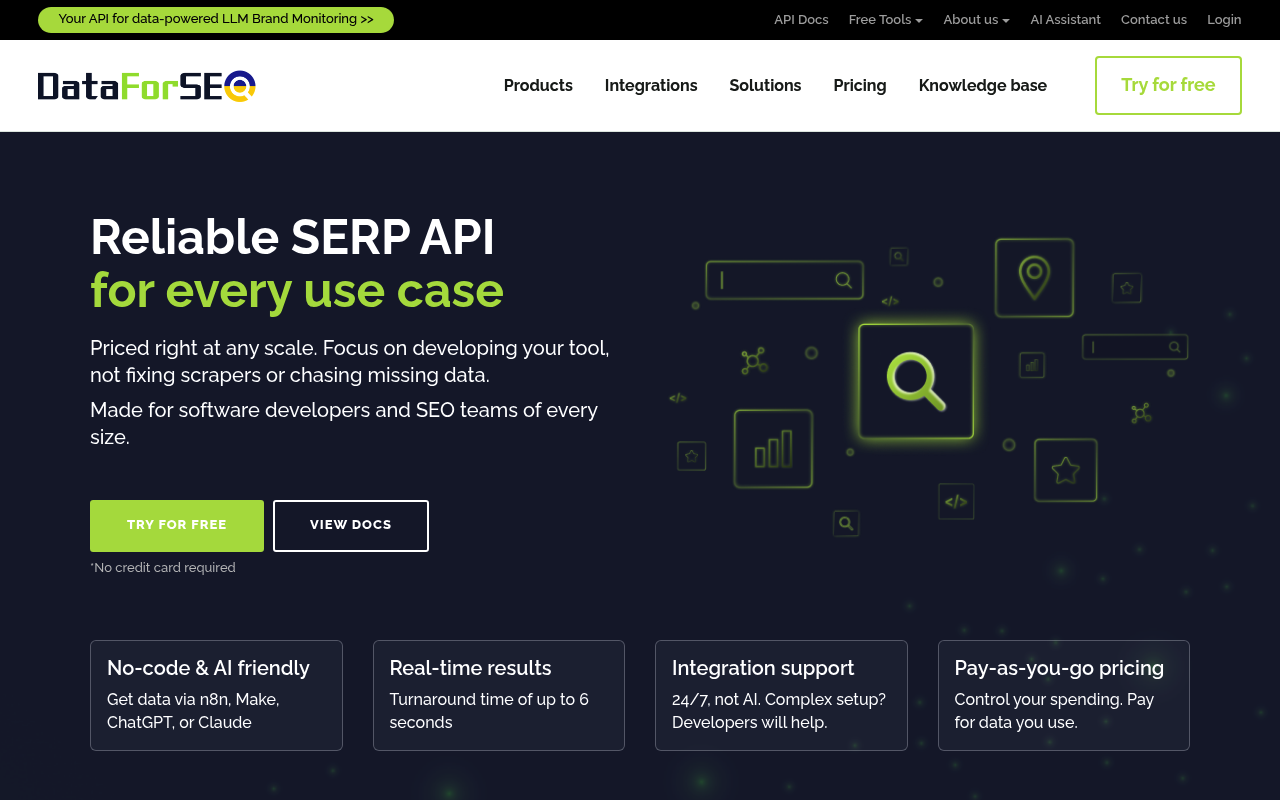Page de plan et de tarification de l'API SERP gratuite DataForSEO