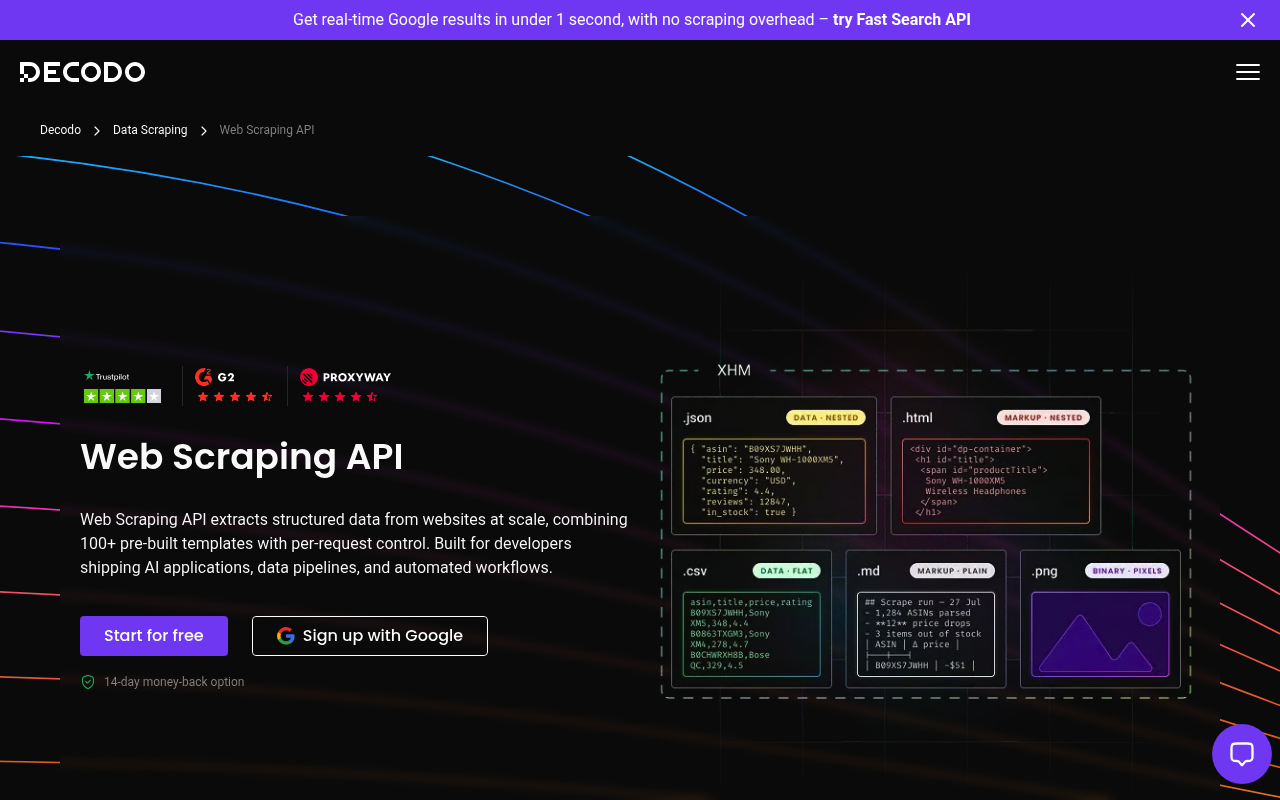 Page de plan et de tarification de l'API SERP gratuite Decodo