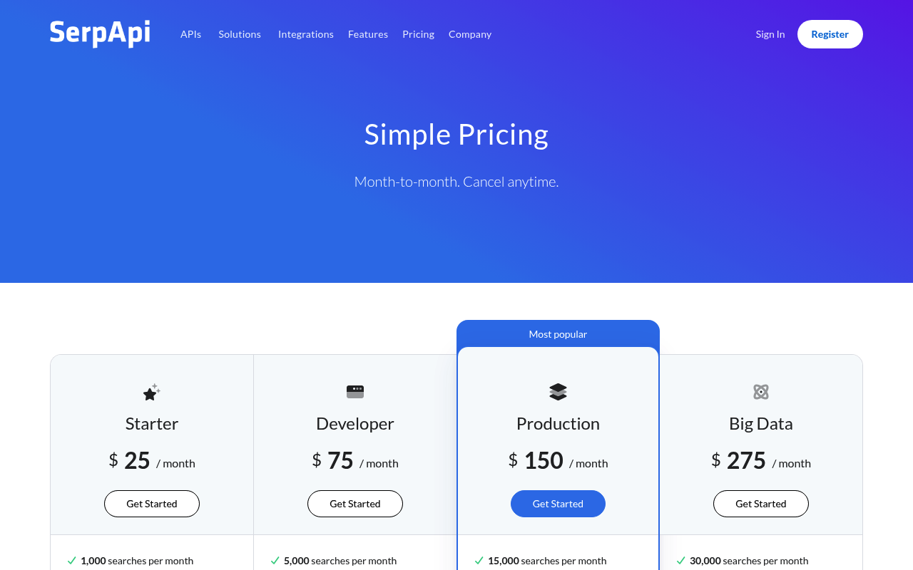 Page de plan et de tarification de l'API SERP gratuite SerpApi